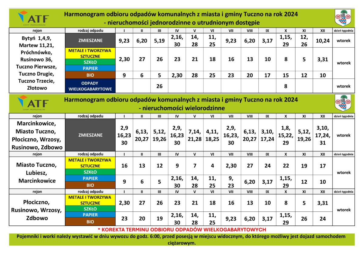 Harmonogram wywozu odpadów komunalnych obowiązujący na rok 2024
