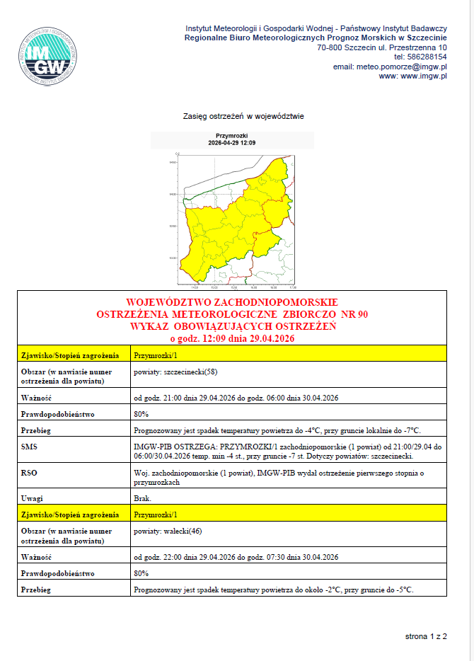 Zdjęcie: Komunikat IMGW na 29/30.04.2026r.