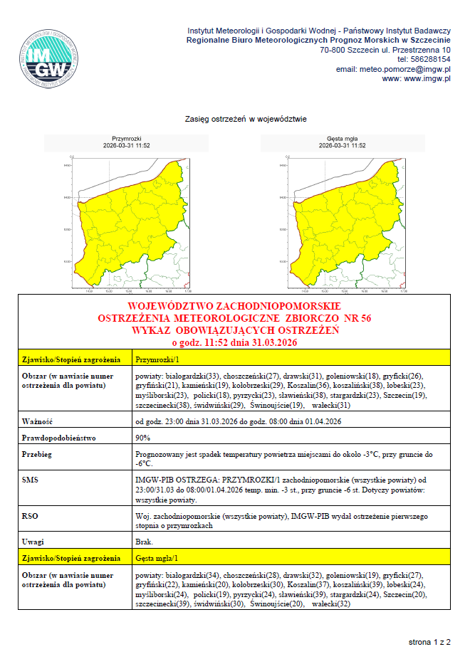 Zdjęcie: KOMUNIKAT IMGW- MGŁA I PRZYMROZKI