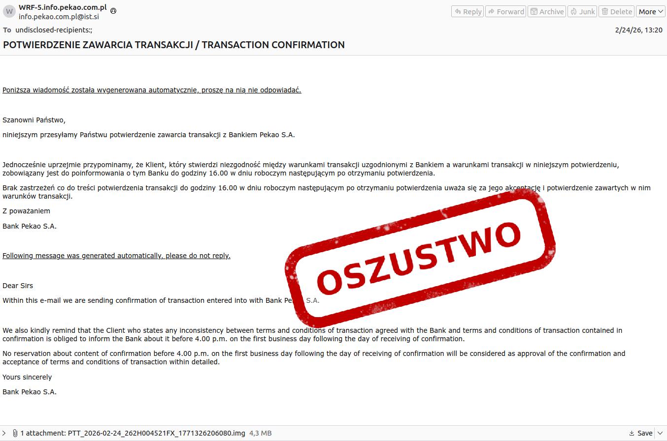 Zdjęcie: Uważaj na fałszywe wiadomości podszywające się pod Bank Pekao S.A.