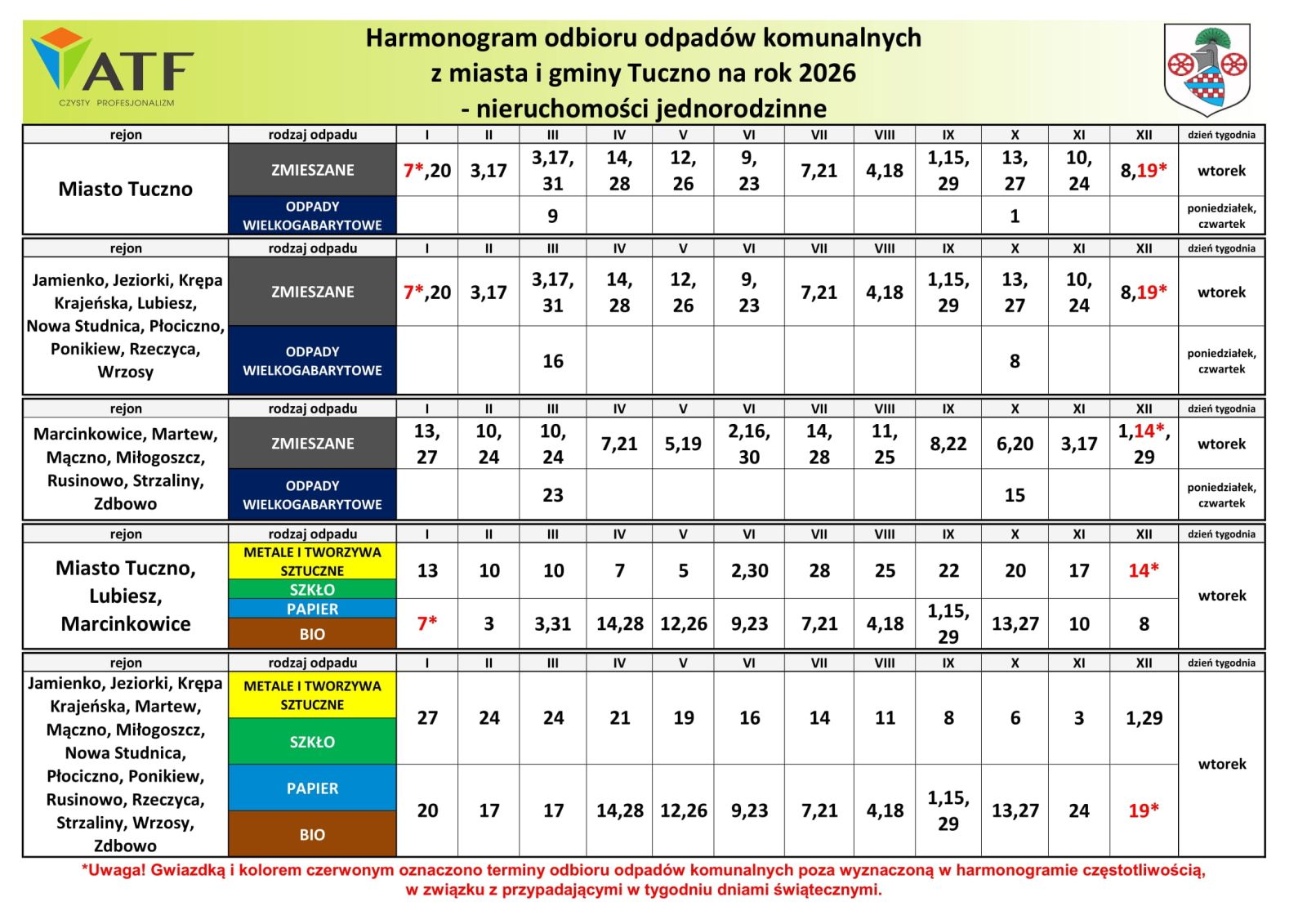 Harmonogram wywozu odpad&oacute;w komunalnych obowiązujący na rok 2026