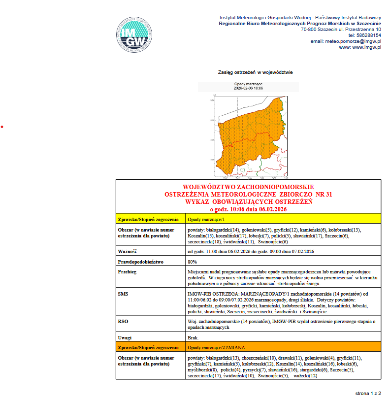 Zdjęcie: OSTRZEŻENIE IMGW 06.02.2026r.