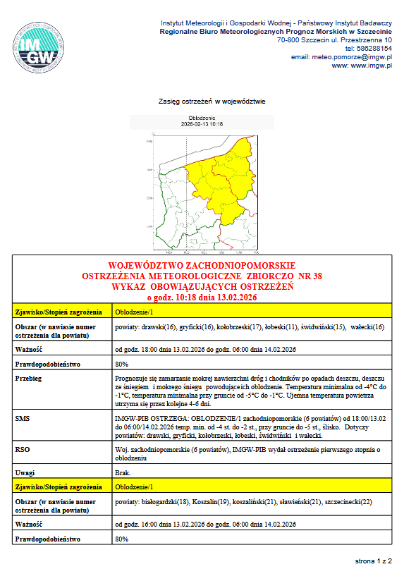 Zdjęcie: Komunikat IMGW- uwaga: OBLODZENIA !!!