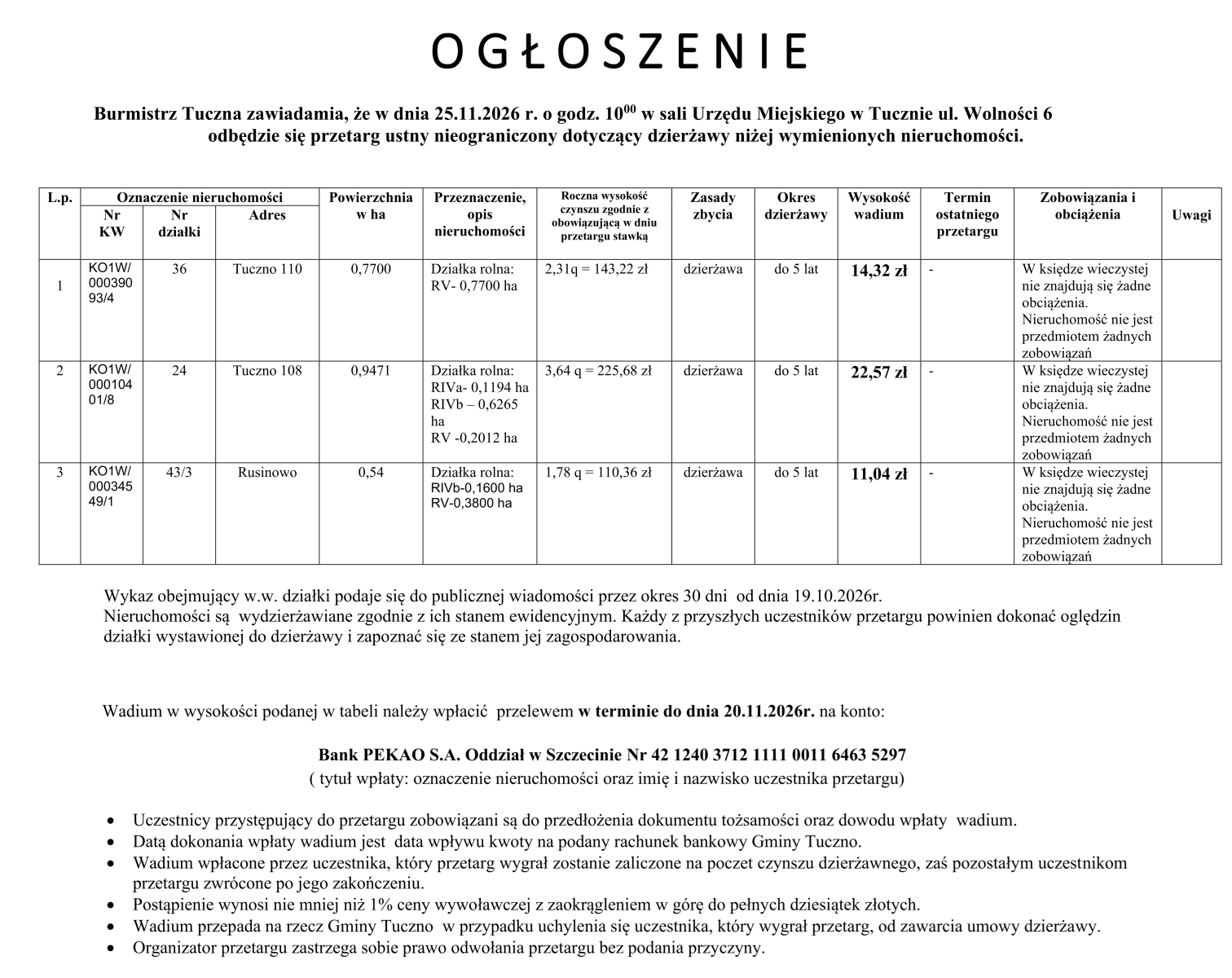Zdjęcie: Ogłoszenie Burmistrza Tuczna o ustnym nieograniczonym przetargu na dzierżawę nieruchomości rolnych