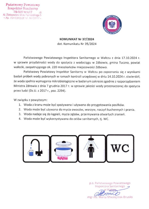 Zdjęcie: Komunikat nr 37/2024 dotyczący komunikatu nr 35/2024 w sprawie przydatności wody do spożycia z wodociągu w Zdbowie